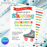 Editable Roller Skating Birthday Party Invitation - Boys Roller Skate Party Invite, Roller Skating Rink Invite, Edit in Canva