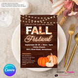 Fall Festival Invitation, Woodgrain Pumpkins, Editable Canva Template (5x7)