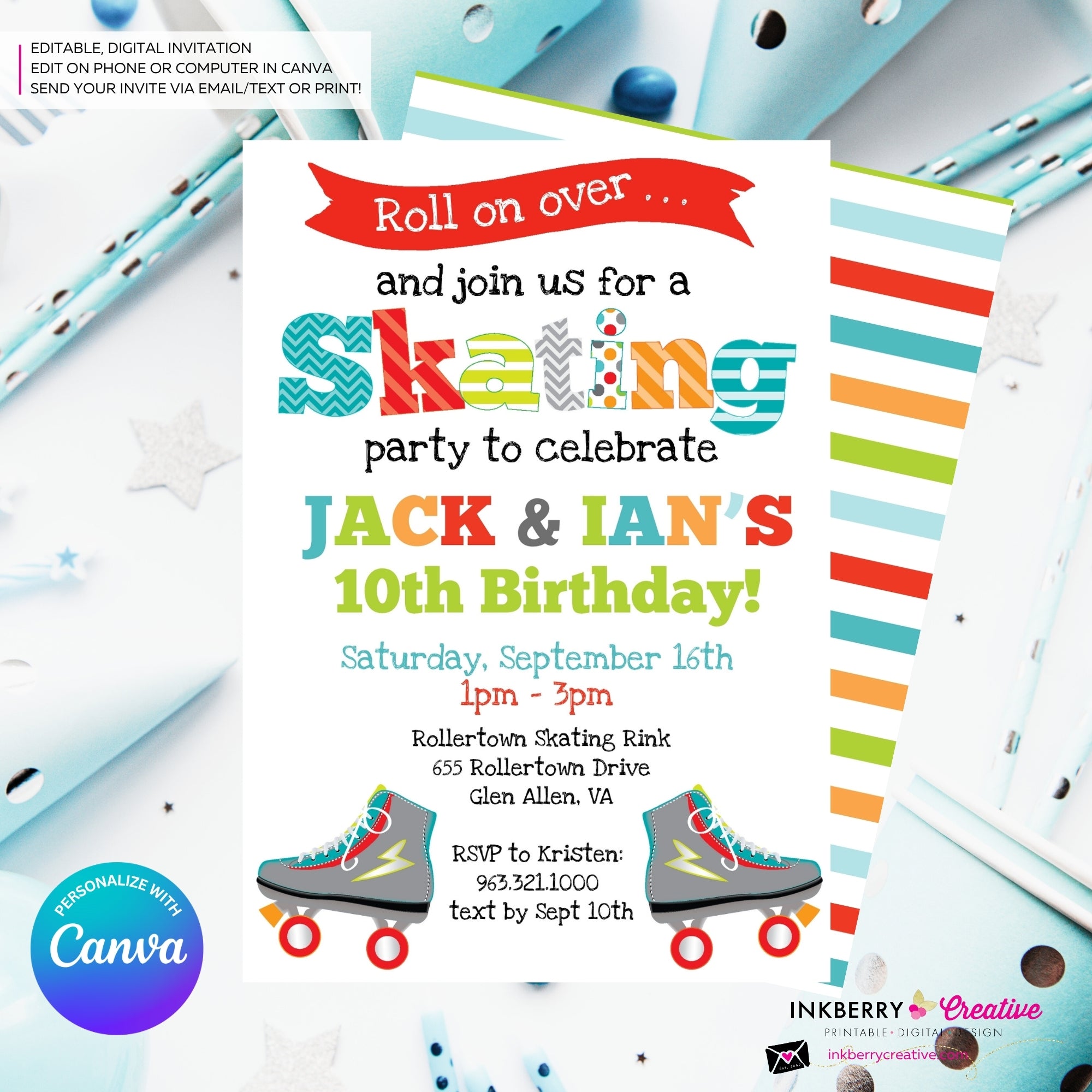 Editable Roller Skating Birthday Party Invitation - Twin Boys Roller Skate Party Invite, Skating Rink Invite, Edit in Canva