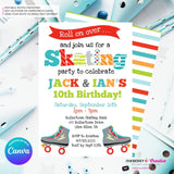 Editable Roller Skating Birthday Party Invitation - Twin Boys Roller Skate Party Invite, Skating Rink Invite, Edit in Canva