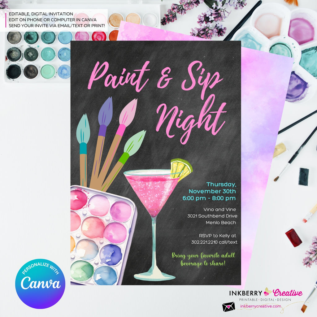 Paint & Sip Invitation, Girls Night Painting Wine Party Invite, Chalkboard, Printable, Instant Download, Digital File, Edit in Canva
