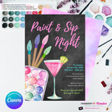 Paint & Sip Invitation, Girls Night Painting Wine Party Invite, Chalkboard, Printable, Instant Download, Digital File, Edit in Canva