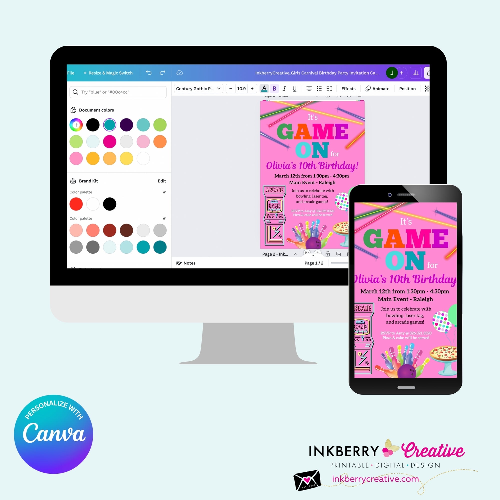 Game On Girls Pink Arcade, Pizza, Bowling Birthday Party Digital, Printable Invitation - Edit in Canva
