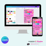 Game On Girls Pink Arcade, Pizza, Bowling Birthday Party Digital, Printable Invitation - Edit in Canva