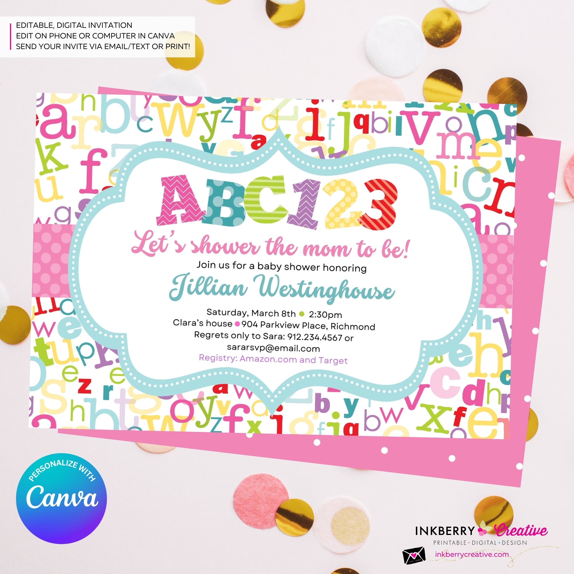 Alphabet Baby Girl Shower Invitation, ABC Baby Shower, ABC123, Printable, Digital, Instant Download, Edit in Canva