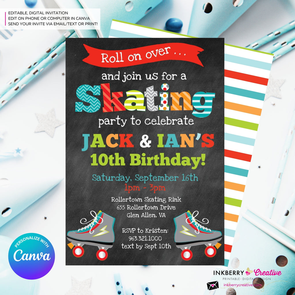 Editable Roller Skating Birthday Party Invitation - Twin Boys Roller Skate Party Invite, Chalkboard, Skating Rink Invite, Edit in Canva