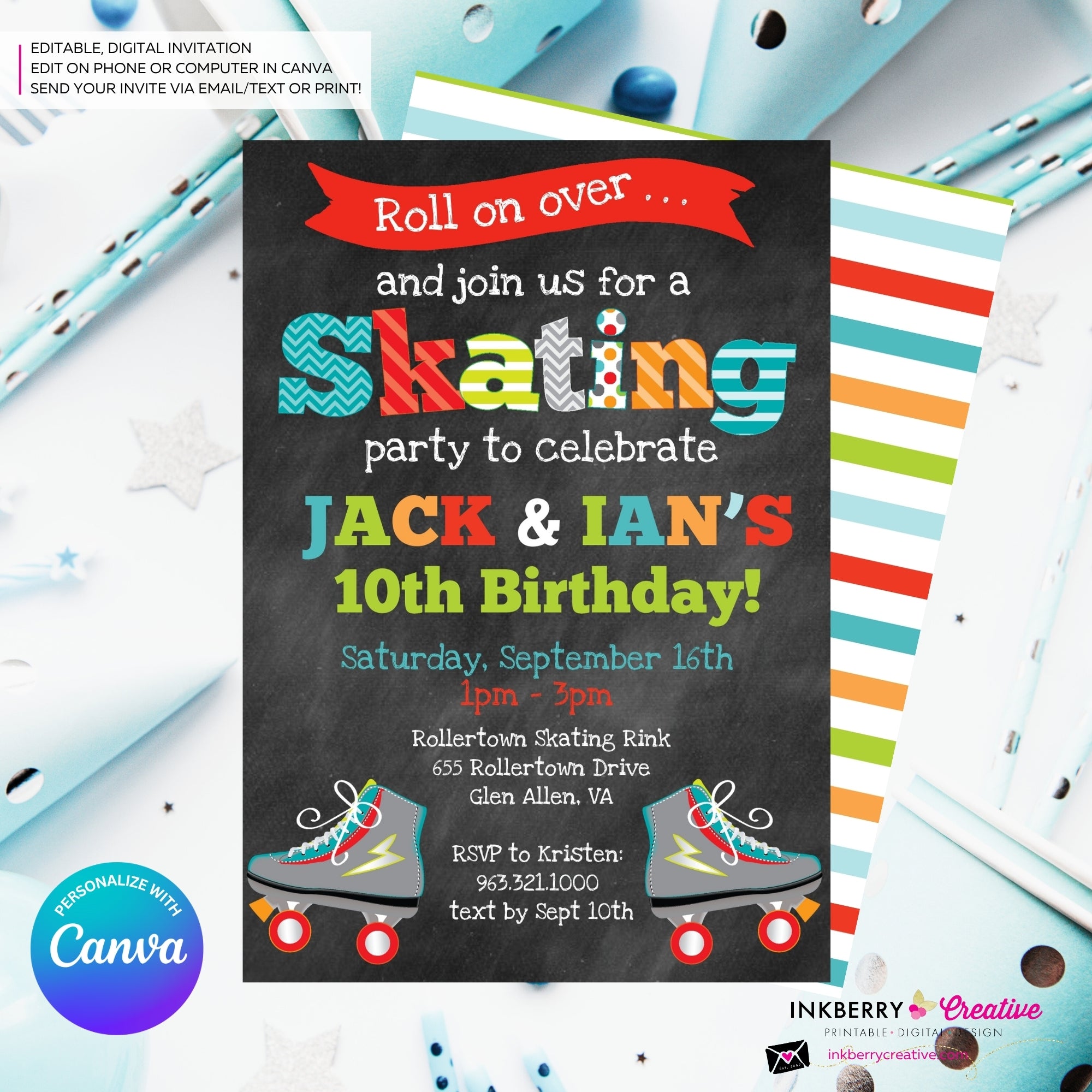 Editable Roller Skating Birthday Party Invitation - Twin Boys Roller Skate Party Invite, Chalkboard, Skating Rink Invite, Edit in Canva