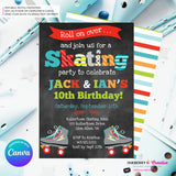 Editable Roller Skating Birthday Party Invitation - Twin Boys Roller Skate Party Invite, Chalkboard, Skating Rink Invite, Edit in Canva
