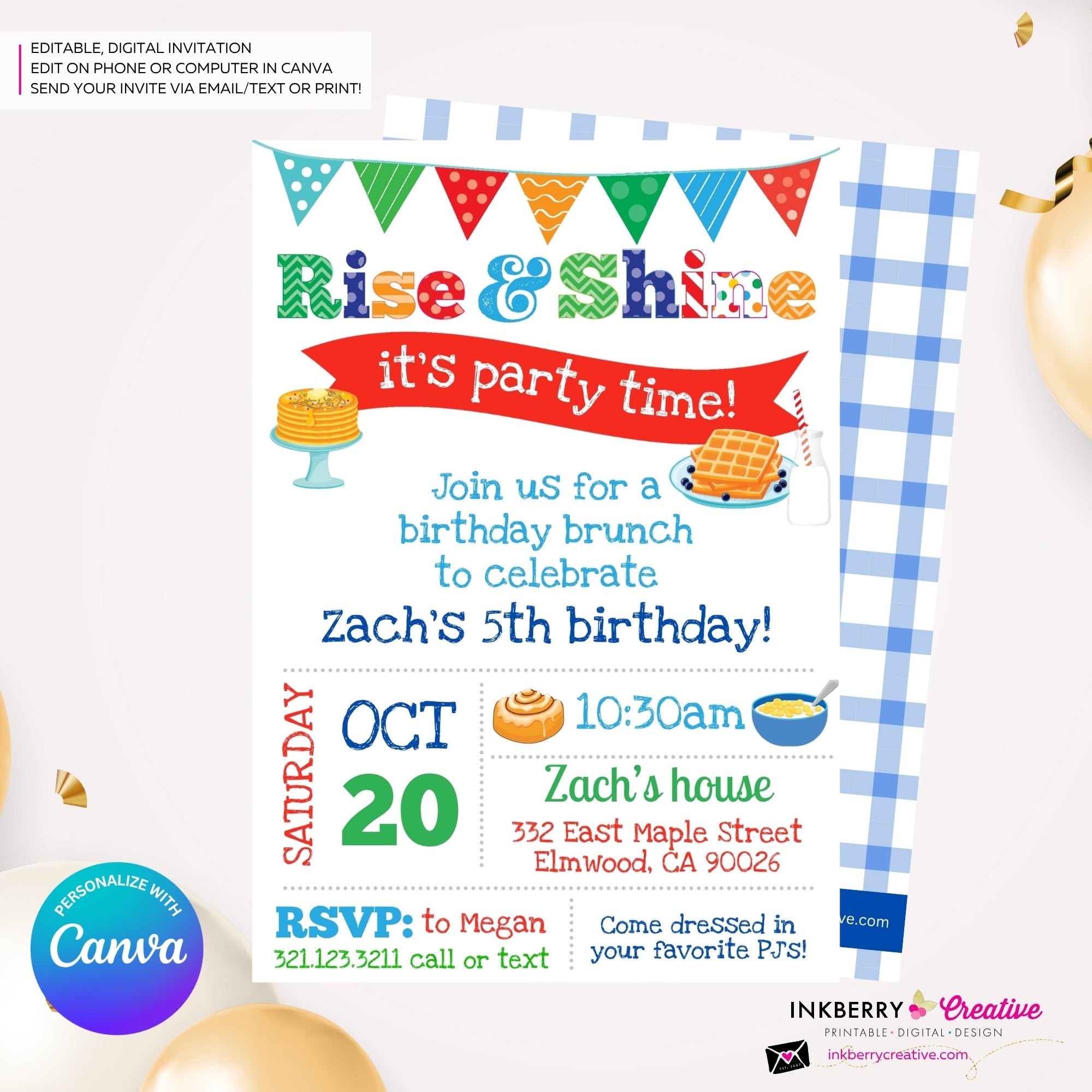 Rise and Shine Kids Birthday Breakfast Brunch Party Invitation (Boys), Pancakes, Bacon, Eggs, Waffles - Editable in Canva
