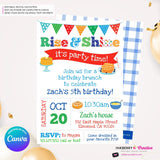 Rise and Shine Kids Birthday Breakfast Brunch Party Invitation (Boys), Pancakes, Bacon, Eggs, Waffles - Editable in Canva