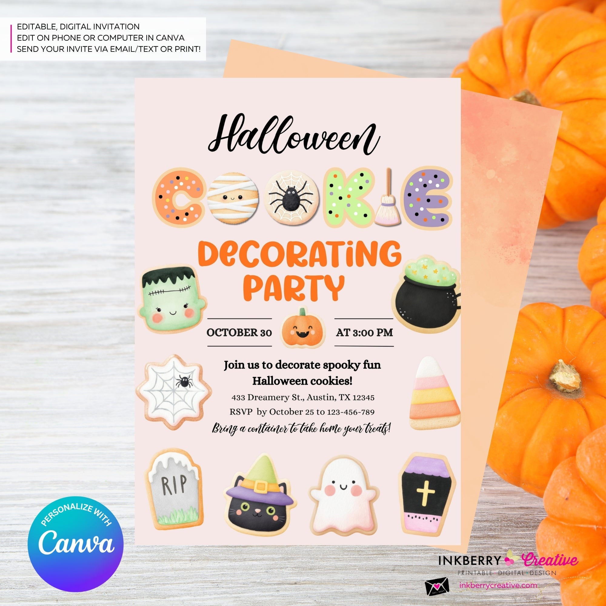 Halloween Cookie Decorating Party Invitation, Editable Canva Template, Watercolor, Halloween Cookie Swap Exchange, Editable Canva Invite