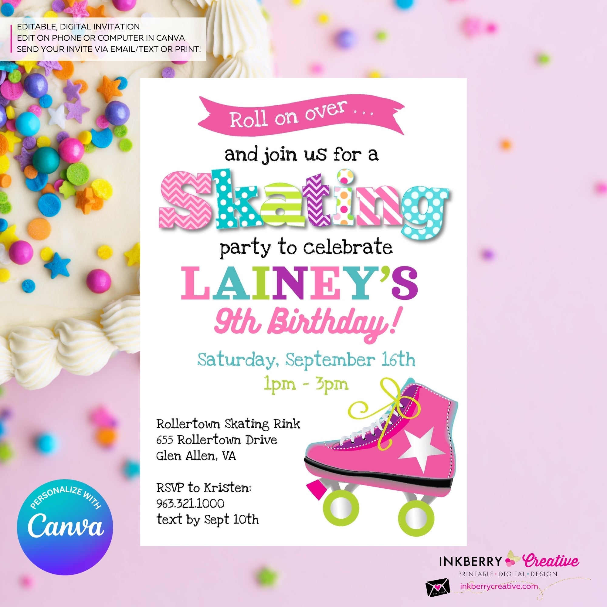 Editable Roller Skating Birthday Party Invitation - Girls Roller Skate Party Invite, Roller Skating Rink Invite, Edit in Canva
