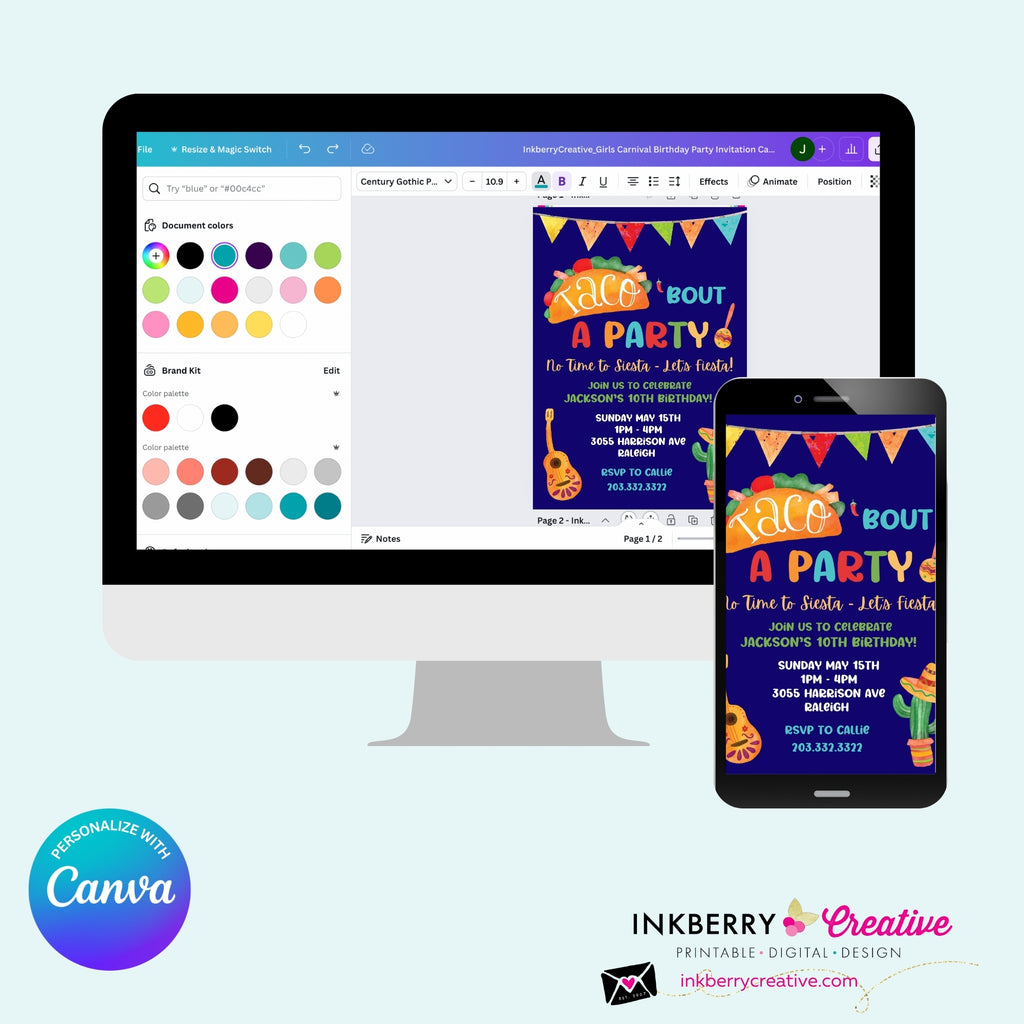 Taco Bout a Party Invitation (BLUE) Mexican Fiesta, Canva Template (Digital Printable File)