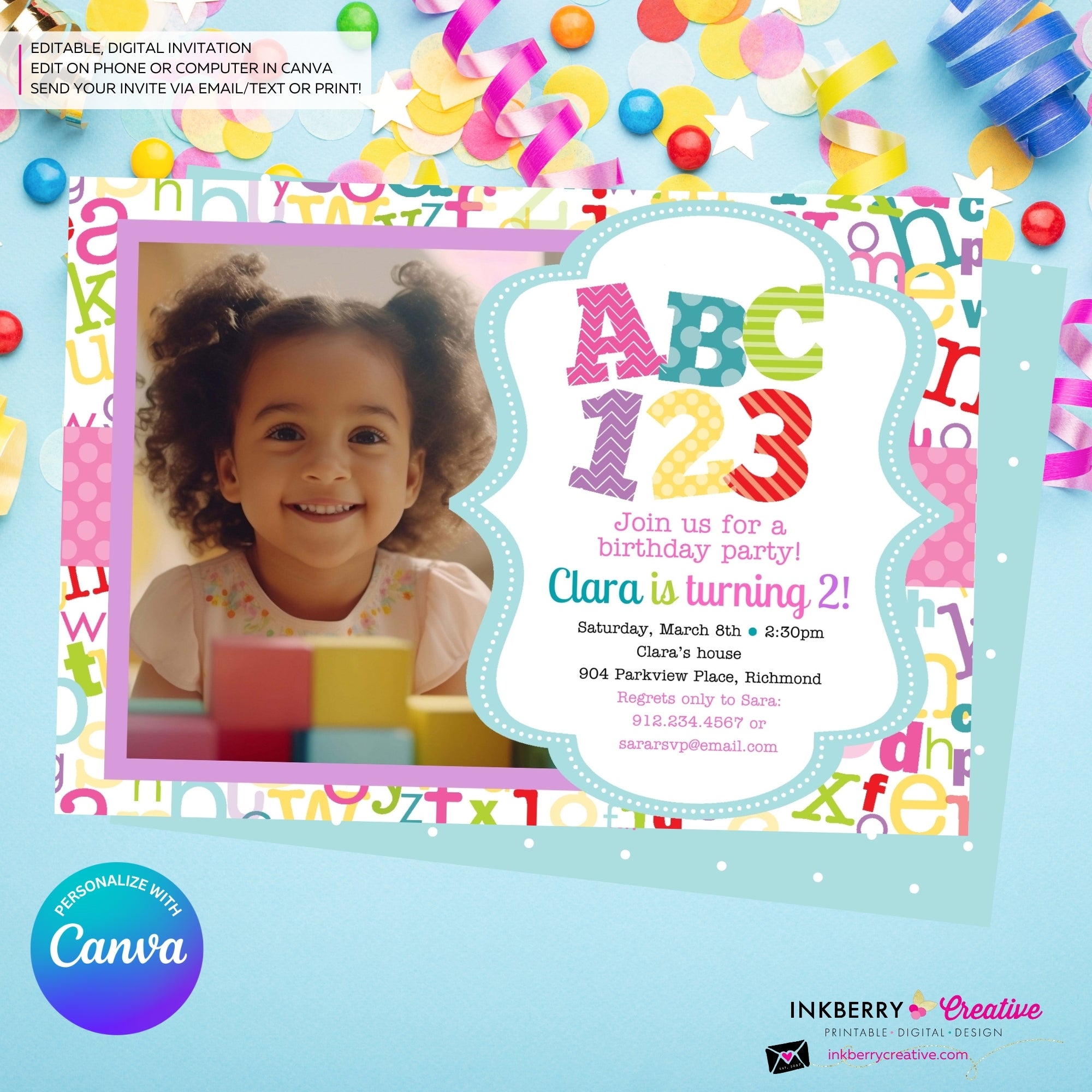Alphabet Birthday Party Photo Invitation Girls - Alphabet Theme Party Invite - Girl ABC Birthday Party - Personalize and Edit in Canva