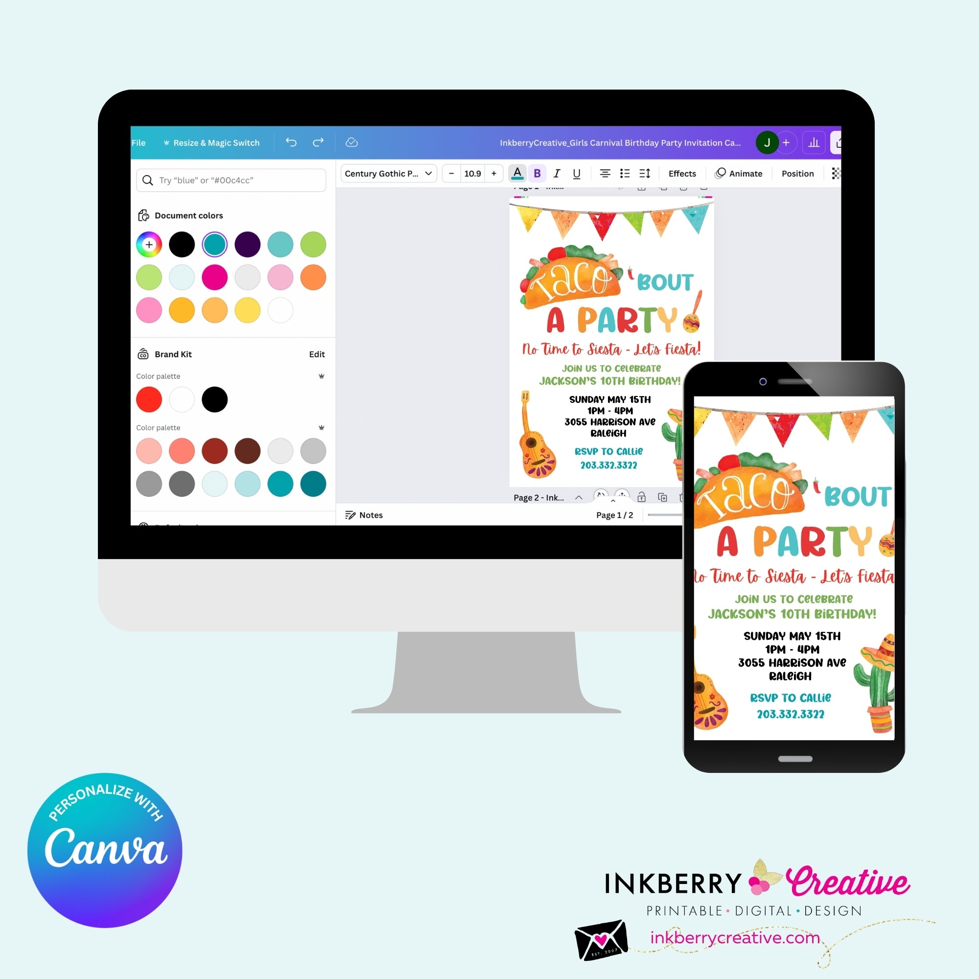 Taco Bout a Party Invitation (WHITE) Mexican Fiesta, Canva Template (Digital Printable File)