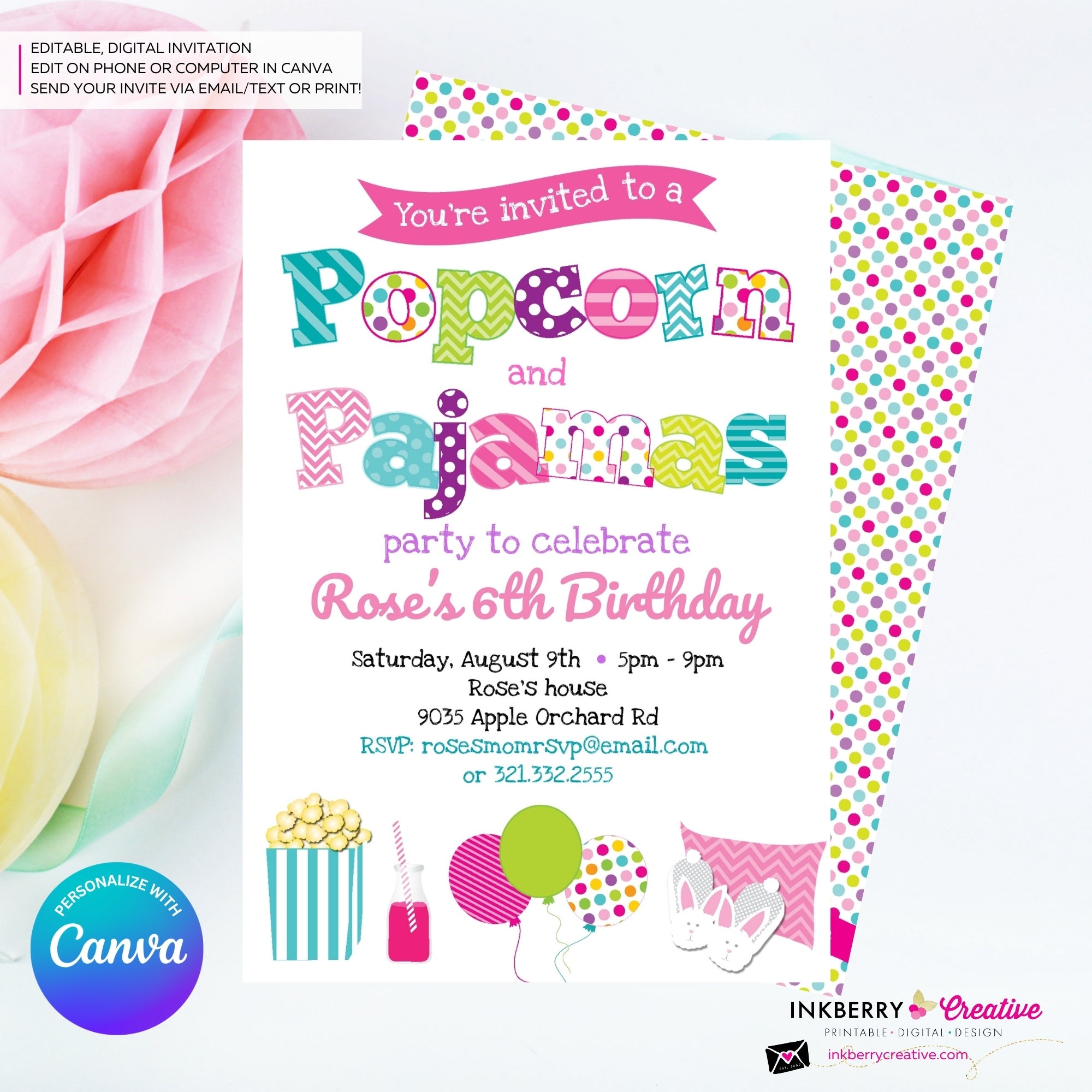 Popcorn and Pajamas Party Invitation - Kids Pizza Pajama Birthday Party Invite - Edit in Canva