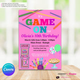 Game On Girls Pink Arcade, Pizza, Bowling Birthday Party Digital, Printable Invitation - Edit in Canva