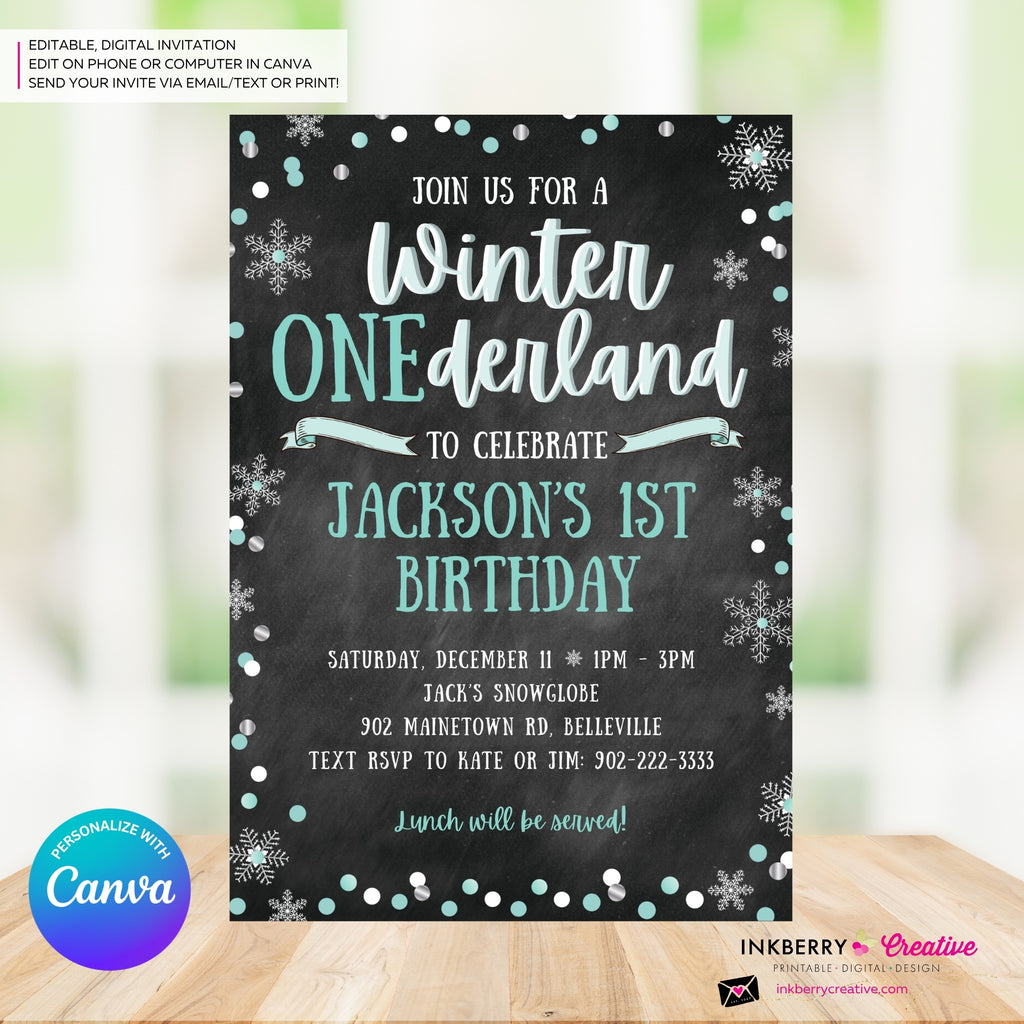 Whimsical Winter Wonderland 1st Birthday Invite - Snowflake Chalkboard Theme - ONEderland - Aqua Blue Silver, Personalize and Edit in Canva