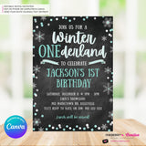 Whimsical Winter Wonderland 1st Birthday Invite - Snowflake Chalkboard Theme - ONEderland - Aqua Blue Silver, Personalize and Edit in Canva