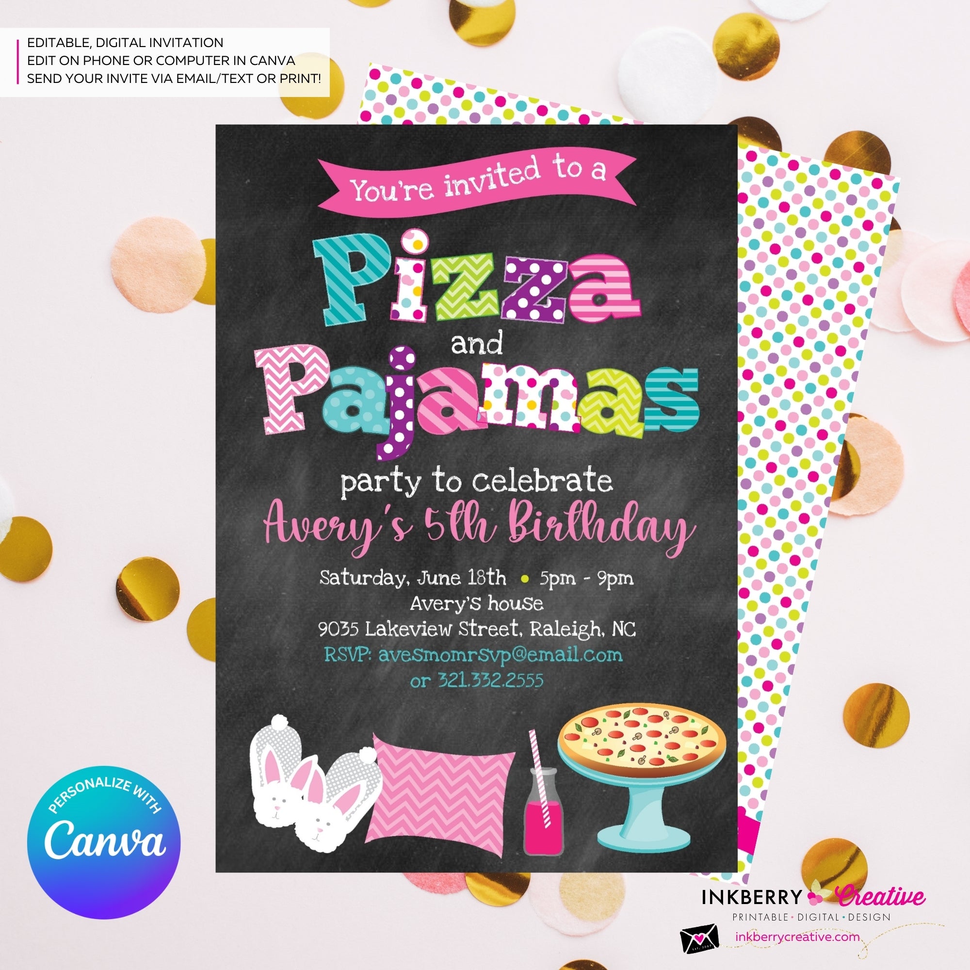 Pizza and Pajamas Party Invitation (Chalkboard Style) - Kids Pizza Pajama Birthday Party Invite - Edit in Canva