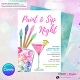 Paint & Sip Invitation, Girls Night Painting Wine Party Invite, Printable, Instant Download, Digital File, Edit in Canva
