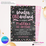 Whimsical Winter Wonderland 1st Birthday Invite - Snowflake Chalkboard Theme - ONEderland - Pink Gold, Personalize and Edit in Canva
