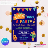 Taco Bout a Party Invitation (BLUE) Mexican Fiesta, Canva Template (Digital Printable File)