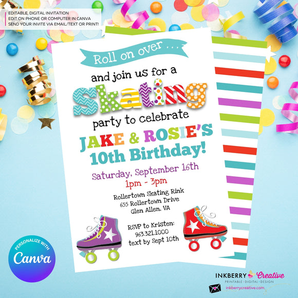 Editable Roller Skating Birthday Party Invitation, Boy Girl Roller Skate Party Invite, Roller Skating Rink Invite, Edit in Canva