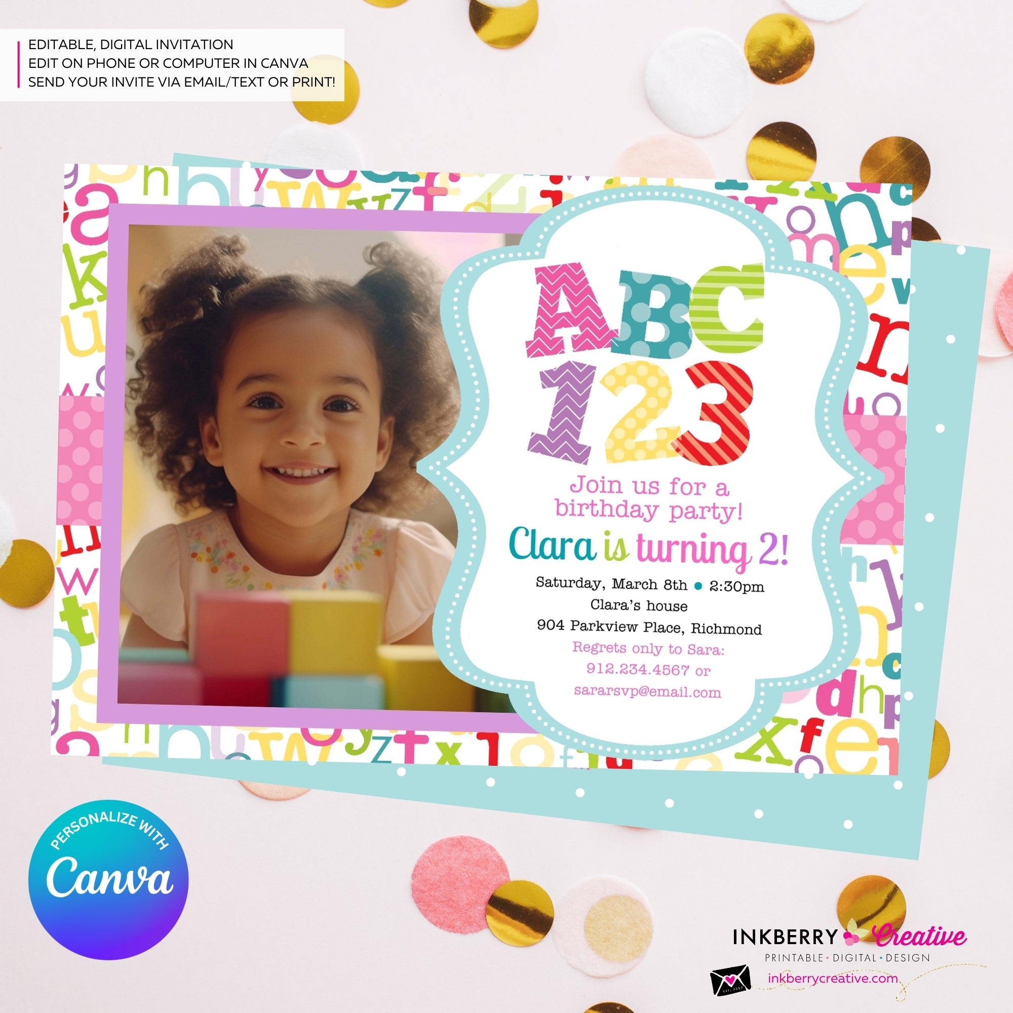 Alphabet Birthday Party Photo Invitation Girls - Alphabet Theme Party Invite - Girl ABC Birthday Party - Personalize and Edit in Canva