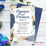 Pajamas and Prosecco Party Invitation (Navy Blue) - Editable in Canva