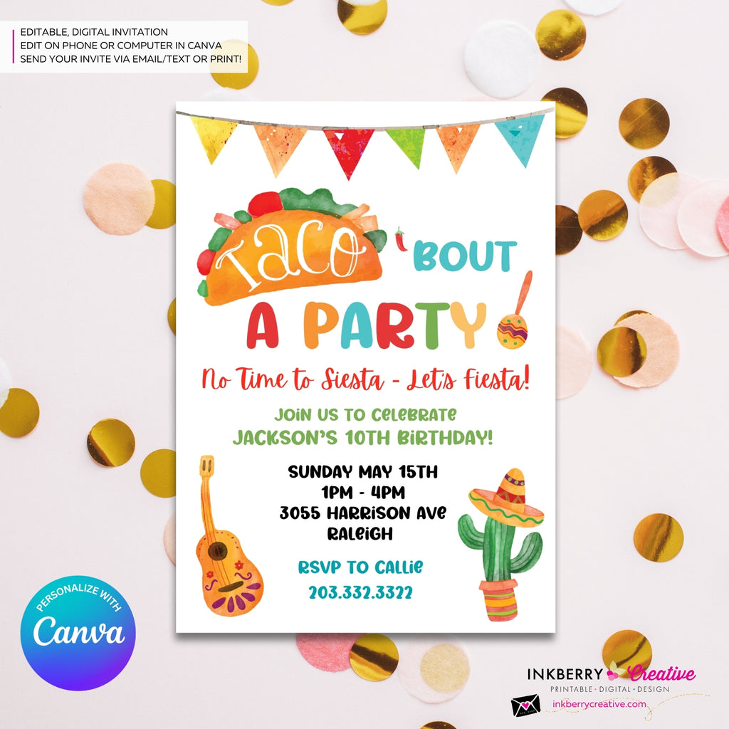 Taco Bout a Party Invitation (WHITE) Mexican Fiesta, Canva Template (Digital Printable File)