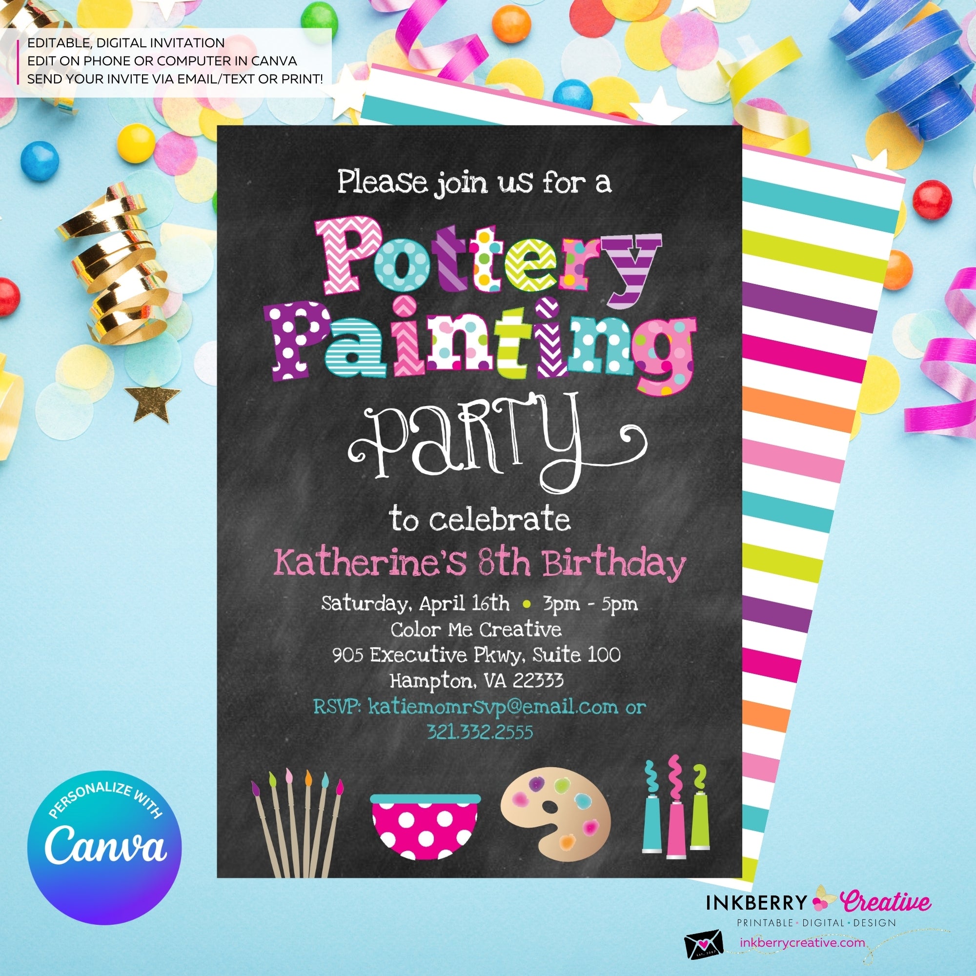 Pottery Painting Party Invitation (Chalkboard Style) - Editable in Canva