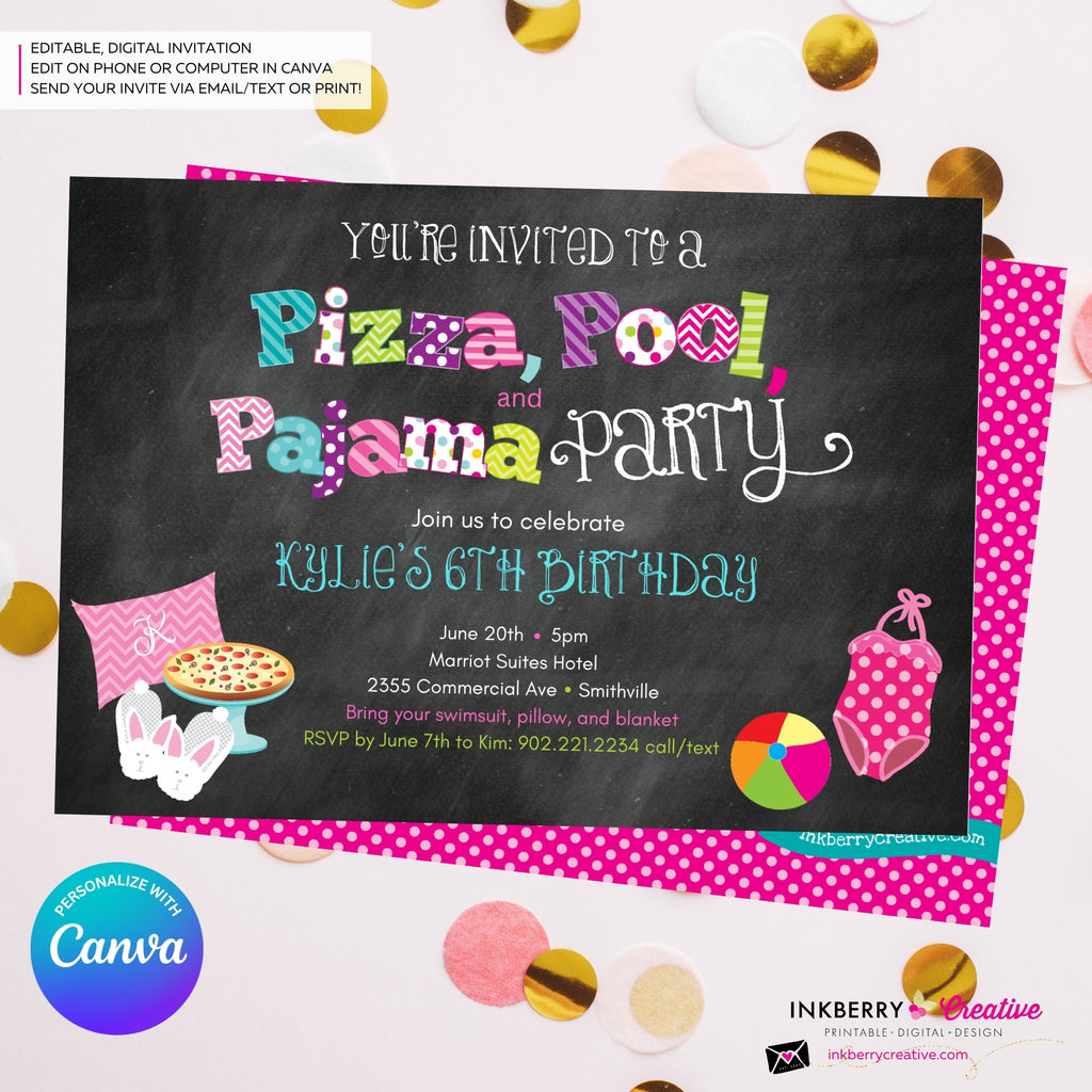 Pizza, Pool, and Pajama Birthday Party Invitation - Chalkboard Style - Personalize and Edit in Canva