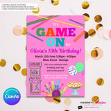 Game On Girls Pink Arcade, Pizza, Bowling Birthday Party Digital, Printable Invitation - Edit in Canva