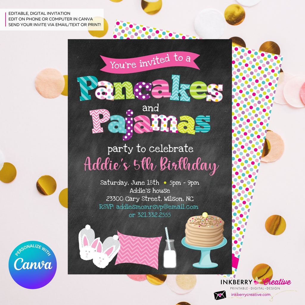 Pancakes and Pajamas Party Invitation (Chalkboard Style) - Kids Pancakes Pajama Birthday Party Invite - Edit in Canva