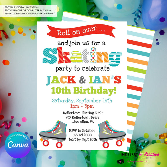 Editable Roller Skating Birthday Party Invitation - Twin Boys Roller Skate Party Invite, Skating Rink Invite, Edit in Canva