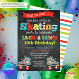 Editable Roller Skating Birthday Party Invitation - Twin Boys Roller Skate Party Invite, Chalkboard, Skating Rink Invite, Edit in Canva