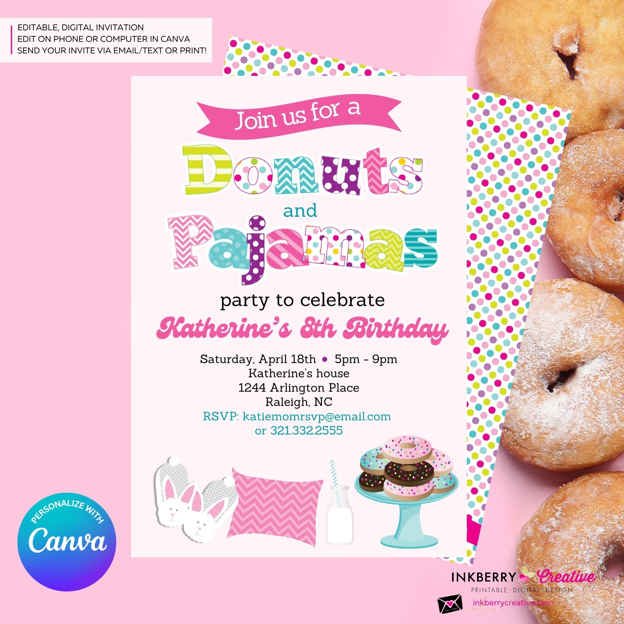 Donuts and Pajamas Party Invitation - Kids Donut Breakfast Pajama Birthday Party Invite - Edit in Canva
