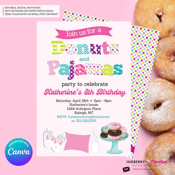 Donuts and Pajamas Party Invitation - Kids Donut Breakfast Pajama Birthday Party Invite - Edit in Canva