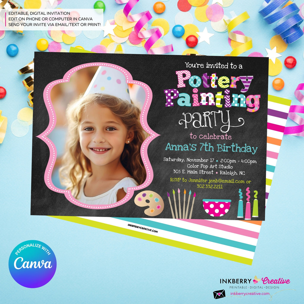 Pottery Painting Photo Party Invitation (Chalkboard Style) - Editable in Canva