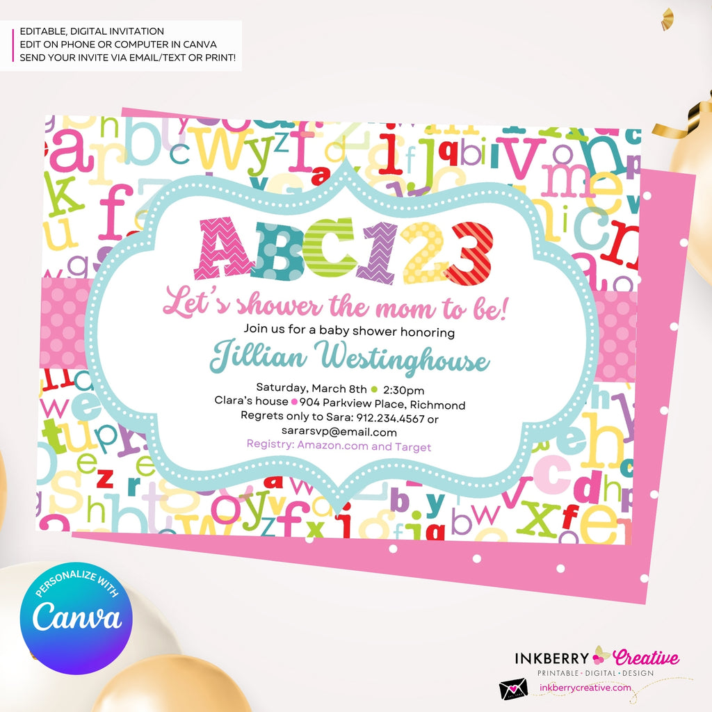 Alphabet Baby Girl Shower Invitation, ABC Baby Shower, ABC123, Printable, Digital, Instant Download, Edit in Canva
