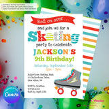 Editable Roller Skating Birthday Party Invitation - Boys Roller Skate Party Invite, Roller Skating Rink Invite, Edit in Canva