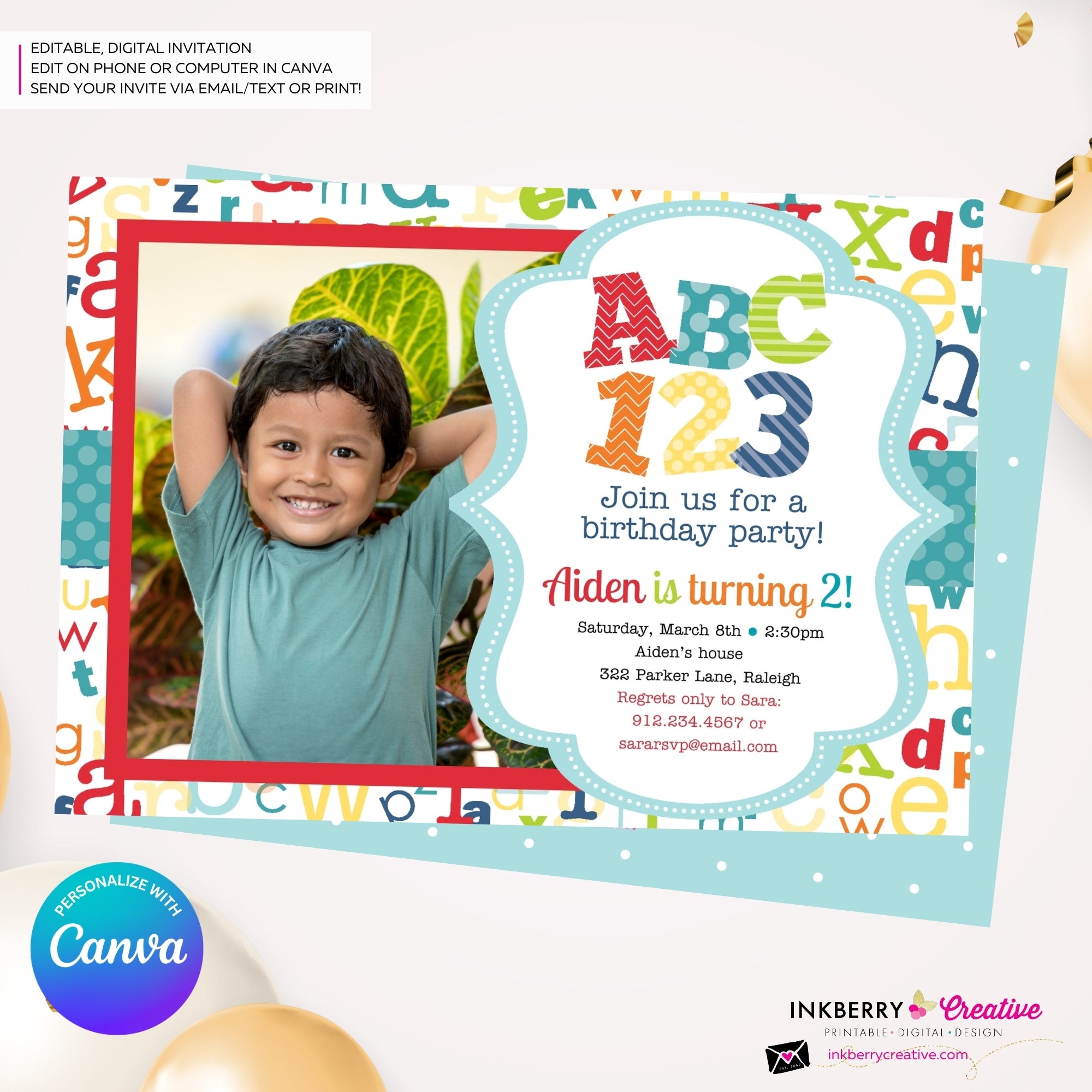 Alphabet Birthday Party Photo Invitation - Printable, Instant Download, Personalize and Edit in Canva