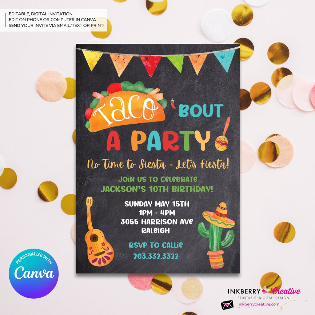 Taco Bout a Party Invitation (CHALK) Mexican Fiesta, Canva Template (Digital Printable File)