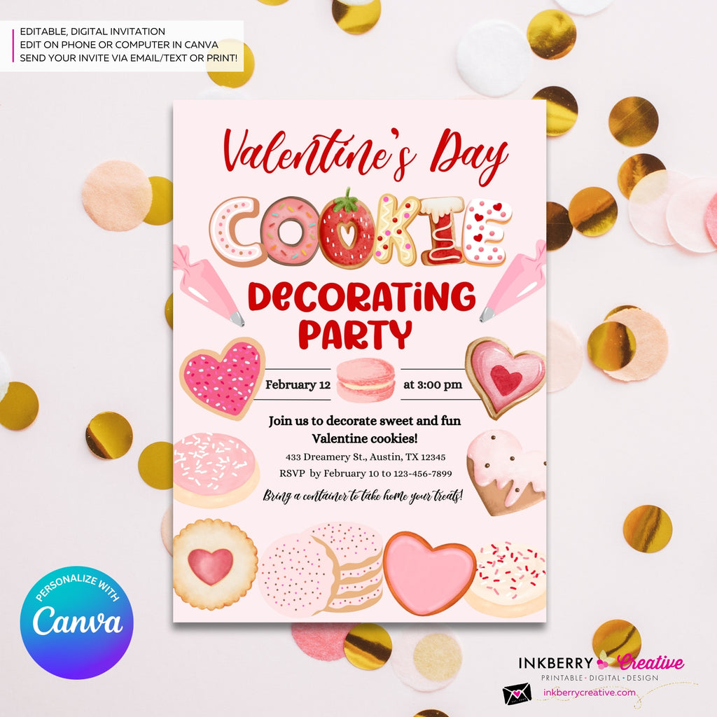 Valentine's Day Cookie Decorating Party Invitation, Editable Canva Template, Watercolor, Valentine Cookie Baking Party, Editable Canva Invite