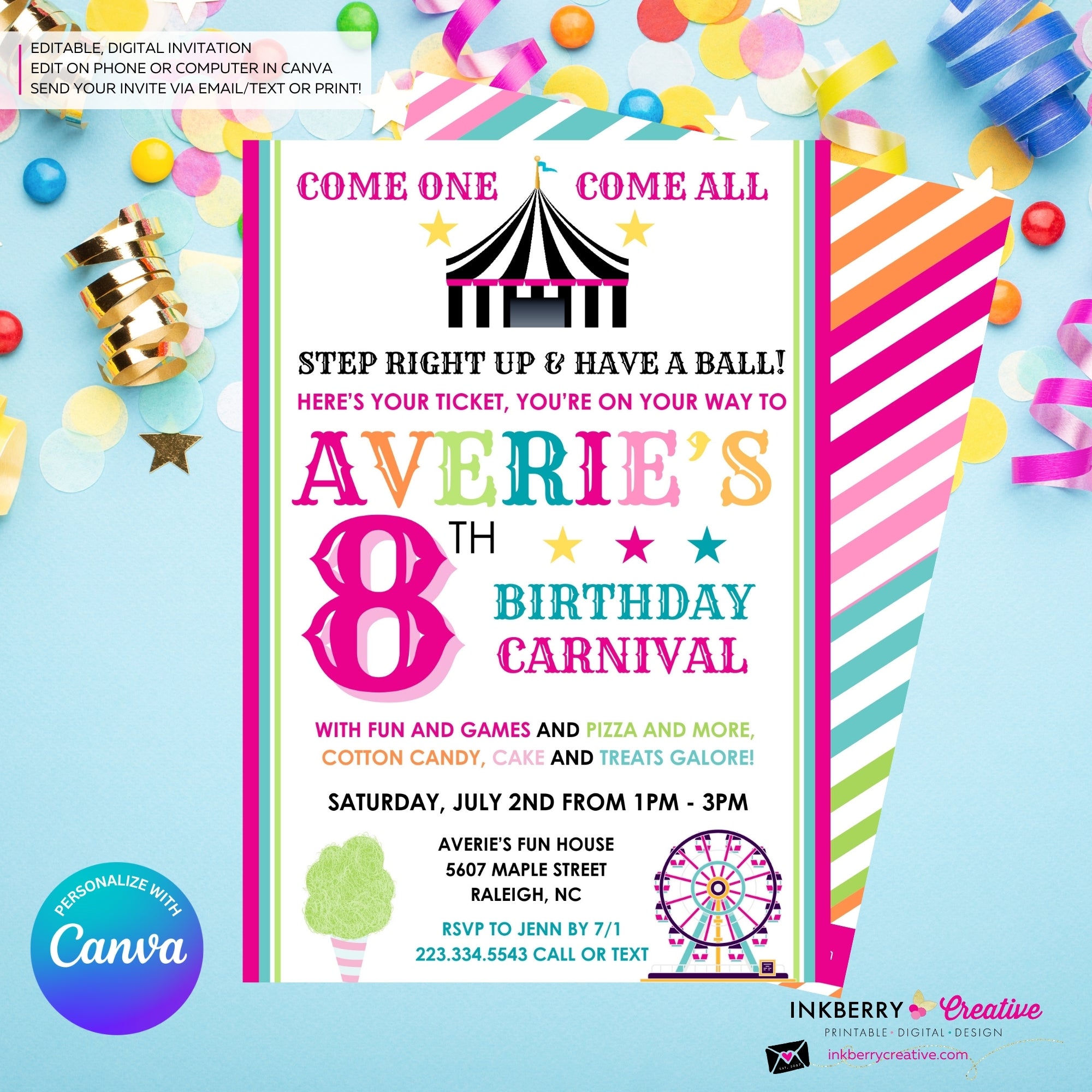 Carnival Theme Birthday Invitation for Girls - Editable in Canva