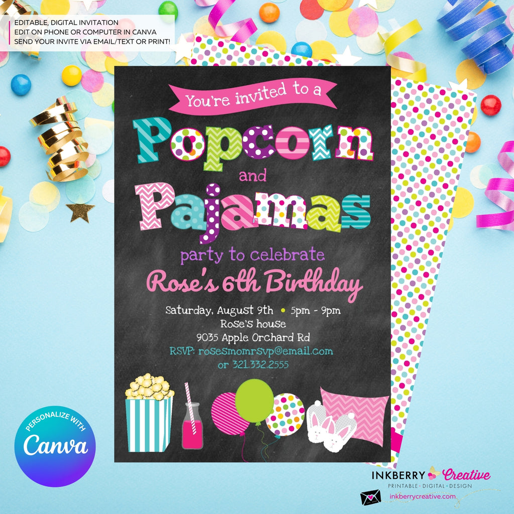 Popcorn and Pajamas (Chalkboard) Party Invitation - Kids Pizza Pajama Birthday Party Invite - Edit in Canva