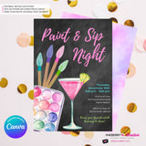 Paint & Sip Invitation, Girls Night Painting Wine Party Invite, Chalkboard, Printable, Instant Download, Digital File, Edit in Canva