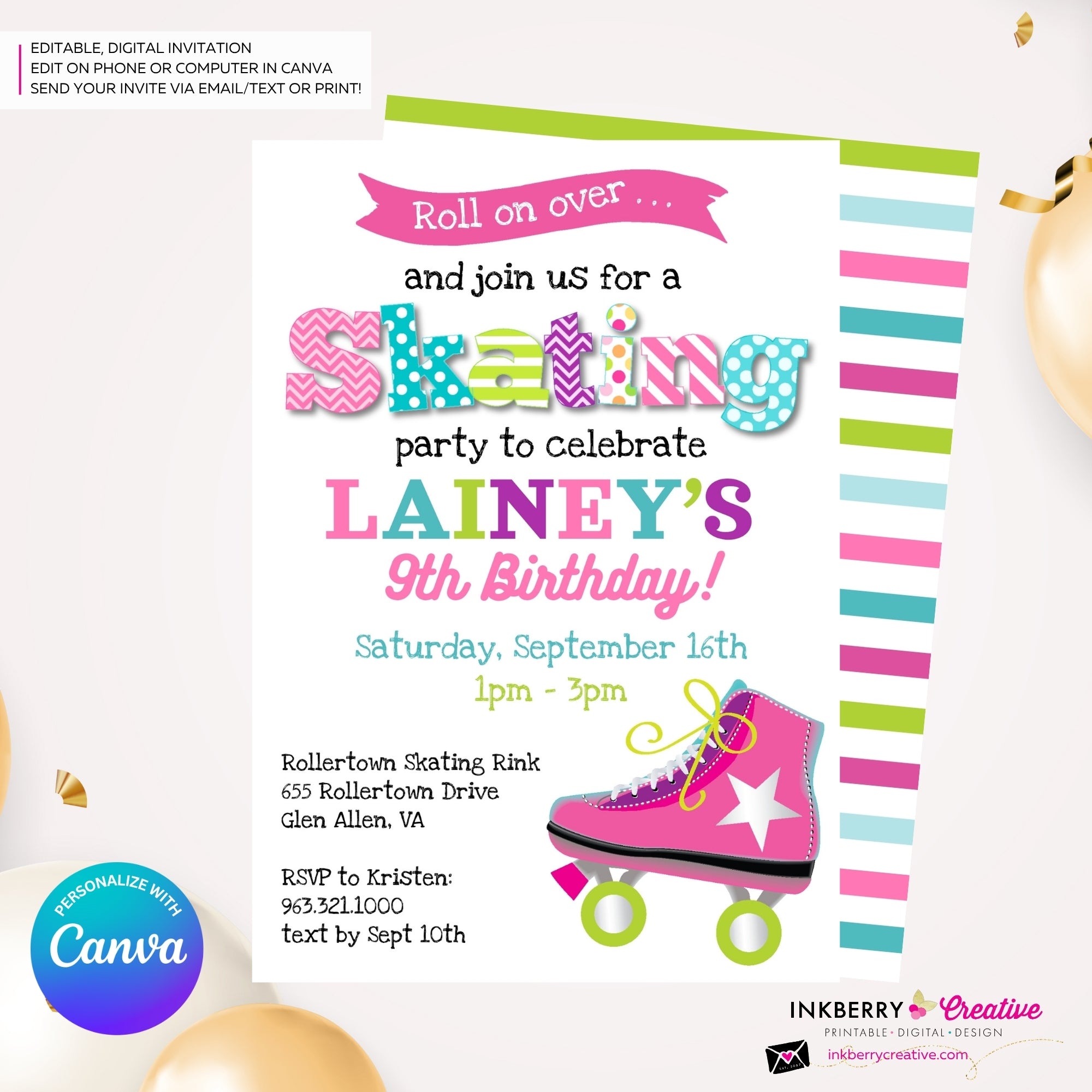Editable Roller Skating Birthday Party Invitation - Girls Roller Skate Party Invite, Roller Skating Rink Invite, Edit in Canva