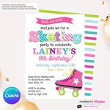 Editable Roller Skating Birthday Party Invitation - Girls Roller Skate Party Invite, Roller Skating Rink Invite, Edit in Canva